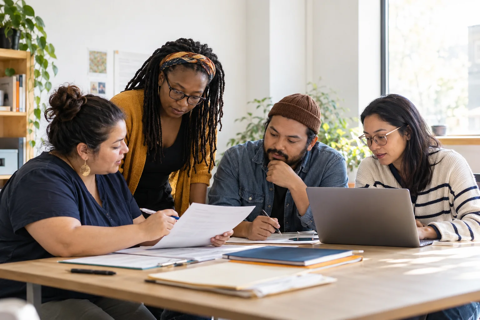 A nonprofit team reviewing forms and a laptop together
